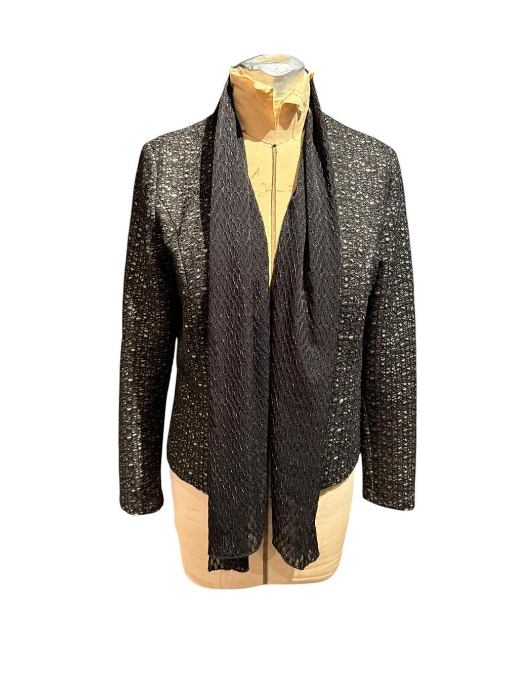Alberto Makali Black Textured Open Front Blazer with Attached Scarf